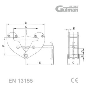 Tehnički crtež hvataljke za gredu Gulman sa dimenzijama i rasponom prihvata 80-320mm