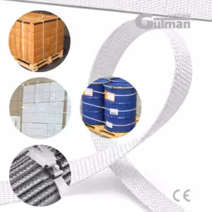 Primjeri upotrebe pletene trake: osiguravanje kutija na paleti, vezanje metalnih bačvi, željeznih profila i detalj metalne kopče.