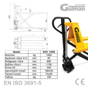 Tehnički crtež i tablica dimenzija za škarasti viličar model KOE 1008.