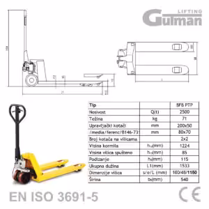 Tehnički crtež i tablica specifikacija za Gutman paletni viličar s kočnicom BFB PTP.
