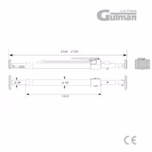 Tehnička skica s dimenzijama teleskopskog podupirača tereta 2340-2720 mm