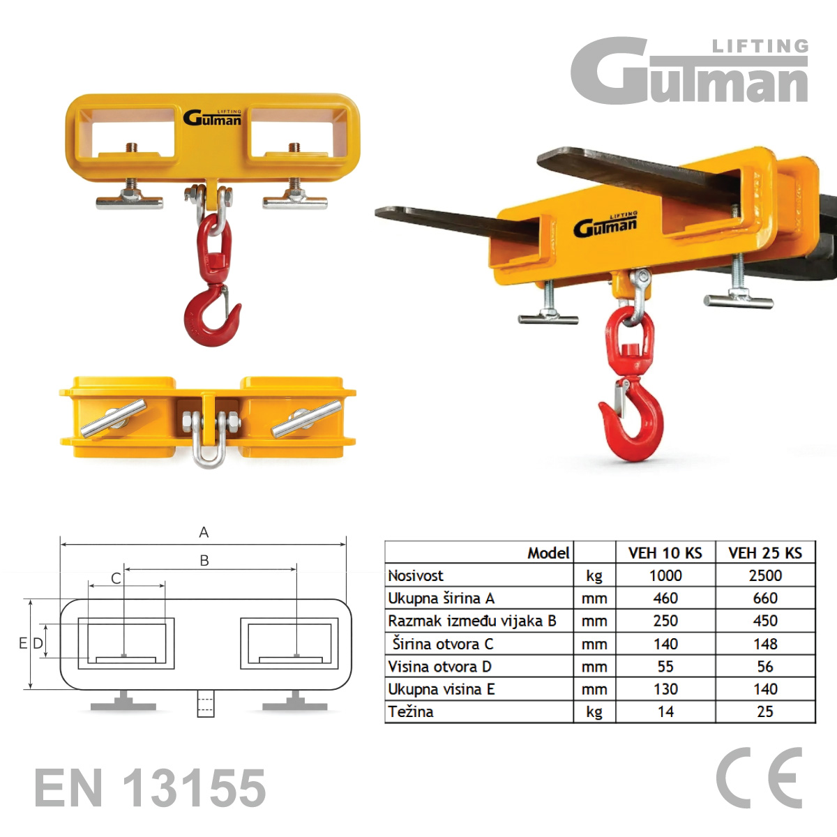 Tehnički nacrt i tablica dimenzija za Gutman adapter kuke za viličare modele VEH 10 KS i VEH 25 KS.