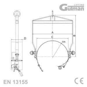 Tehnički nacrt i dimenzije Gutman ovjesne hvataljke za bačve.