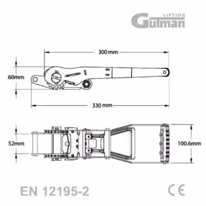 ERGO zatezač 5T tehnički crtež sa dimenzijama (300mm-330mm x 60mm-52mm) i specifikacijama mehanizma