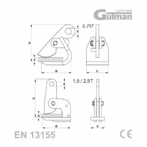 Horizontalna hvataljka QPA - detaljan tehnički crtež sa dimenzijama za modele 0,75T i 1,5/2,5T