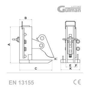 Horizontalna hvataljka za snop limova - tehnički crtež sa dimenzijama (A, B, C, H, K) i podesivim otvorom čeljusti 0-240mm za različite debljine ploča