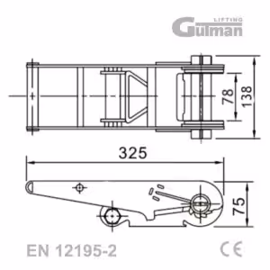 Težki zatezni pas za tovor 10 T 75 mm - tehnična risba mehanizma raglje STF 500 daN za industrijske stroje in kontejnerje EN 12195-2