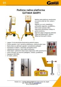 Jednostupna podizna radna platforma - tehnički podaci