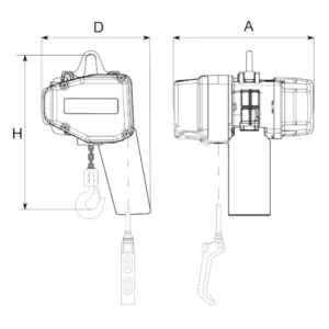 Tehnički crtež električne lančane dizalice EGLE 250kg s dimenzijama