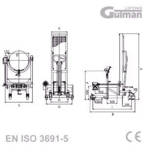Tehnički nacrt visokopodiznog viličara za bačve s detaljnim mjerama šasije i prihvata.