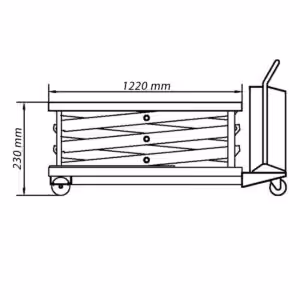 Bočni pogled mobilnog električnog podiznog stola - 1220 mm dužina, 230 mm minimalna visina, kotači