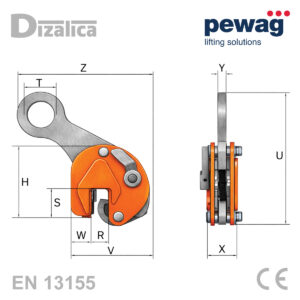 Tehnički crtež Pewag BKW hvataljke s oznakama dimenzija