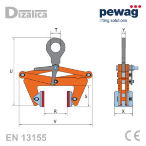 Tehnički nacrt s dimenzijama za pewag BLCW univerzalnu hvataljku za betonske blokove i mramor, EN 13155 certificirano.