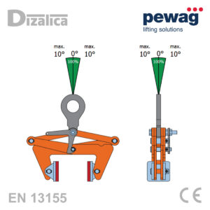 Shematski prikaz dopuštenih radnih kutova (maks. 10°) za sigurnu uporabu pewag BLCW hvataljke na gradilištu.