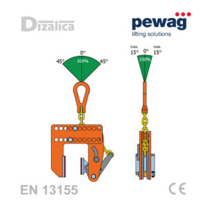 Tehnička shema za pewag VNMAW: vertikalno podizanje, okretanje tereta za 180 stupnjeva i rad s parom hvataljki.