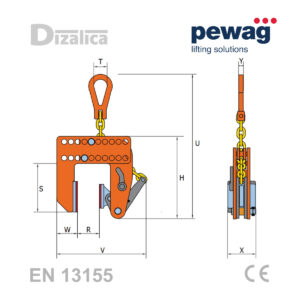 Tehnički crtež s mjerama i dimenzijama za pewag VNMAW podesivu hvataljku zapodizanje bez tragova.