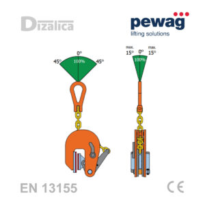 Tehnička shema dozvoljenih kutova podizanja za pewag VNMW hvataljku bez oštećenja površine.