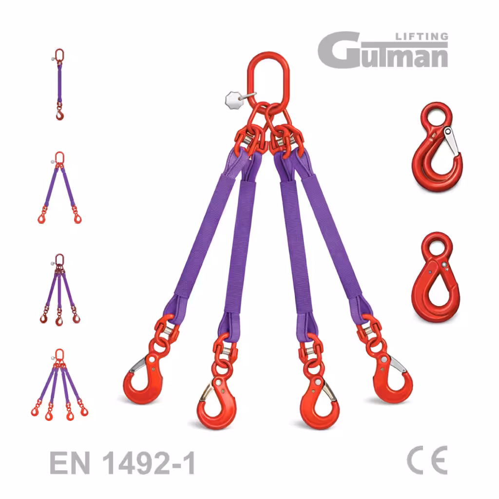 Poliesterski kompleti za podizanje - jednokraka, dvokraka, trokraka i četverokraka priveznica sa kukom s osiguračem i samozatvarujućom kukom, EN 1492-1 standard, kapaciteta 1-16,8T