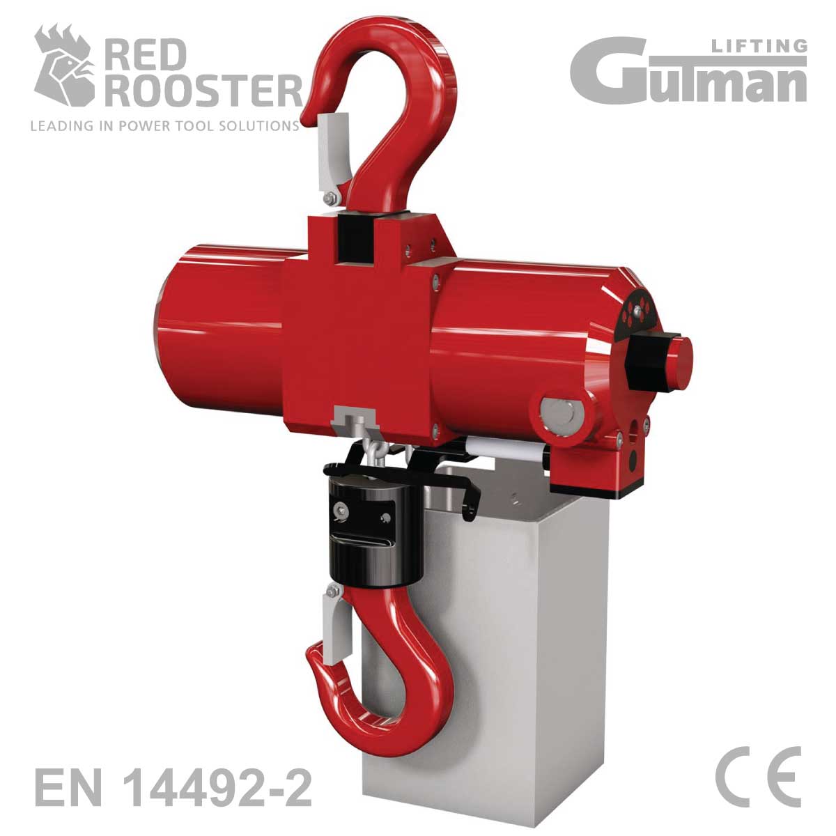 TCR-125DPE pneumatska dizalica – Red Rooster Gutman Lifting Pneumatska dizalica TCR-125DPE Red Rooster Gutman Lifting s gornjom i donjom kukom, industrijska zračna dizalica 125 kg