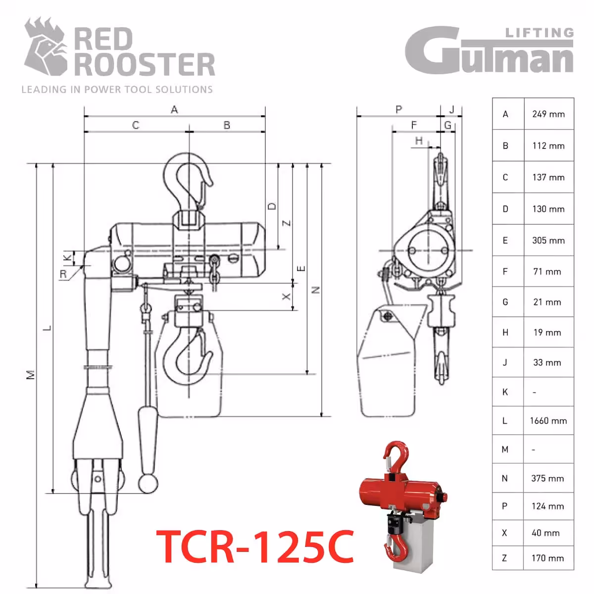TCR-125C tehnički crtež i dimenzije – Red Rooster Gutman Lifting Tehnički crtež TCR-125C pneumatske dizalice s dimenzijama A–Z, Red Rooster Gutman Lifting