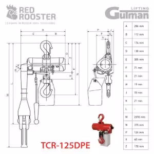 Tehnički crtež TCR-125DPE pneumatske dizalice s dimenzijama A–Z, Red Rooster Gutman Lifting