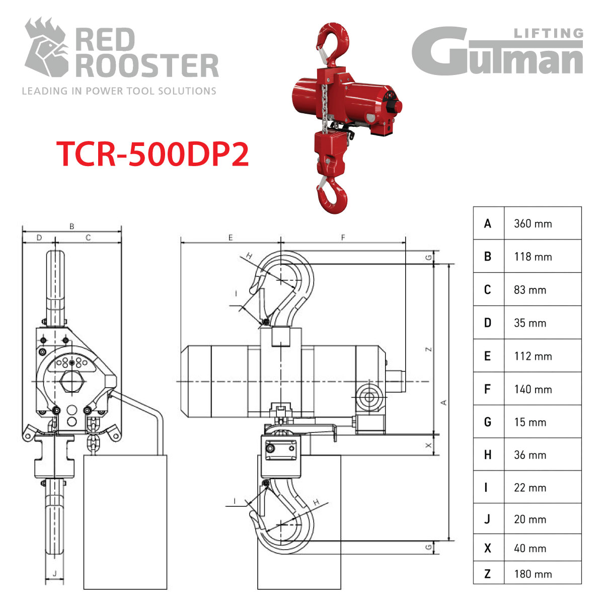 TCR-500DP2 tehnički crtež i dimenzije – Red Rooster Tehnički crtež TCR-500DP2 pneumatske dizalice s dimenzijama A–Z, Red Rooster