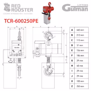 Tehnički crtež pneumatske dizalice TCR-600250PE, 250 kg, Red Rooster, dimenzije A–Z