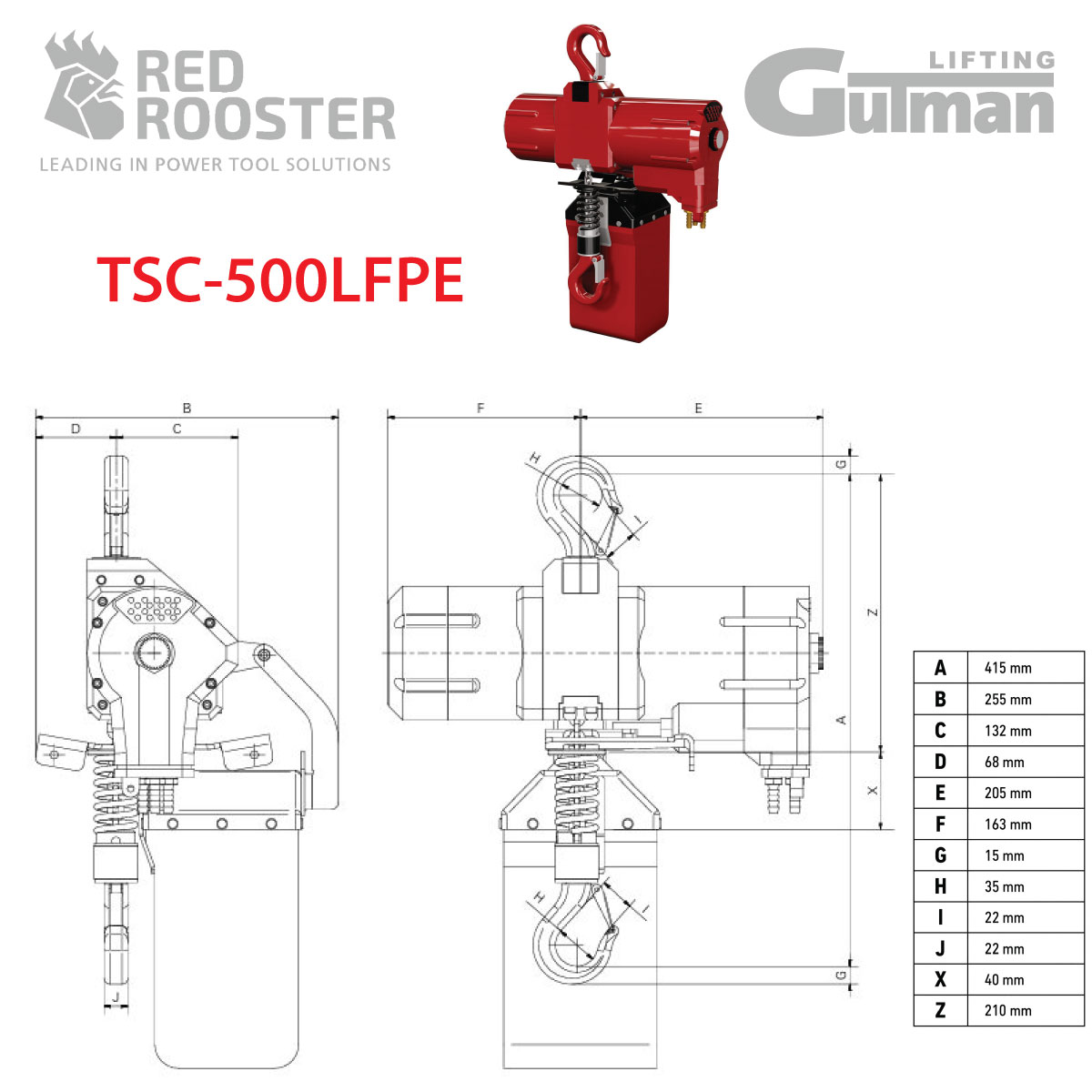 TCS-500LFPE – Technische Zeichnung und Abmessungen des pneumatischen Schnell-Hubzugs Technische Zeichnung des pneumatischen Schnell-Hubzugs TCS-500LFPE, 500 kg, mit Maßangaben