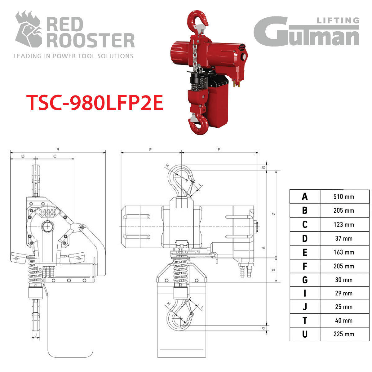 TCS-980LFP2E – tehnična risba dimenzij pnevmatskega hitrega dvigala Tehnična risba pnevmatskega hitrega dvigala TCS-980LFP2E, 980 kg, z dimenzijami in tehničnimi podatki